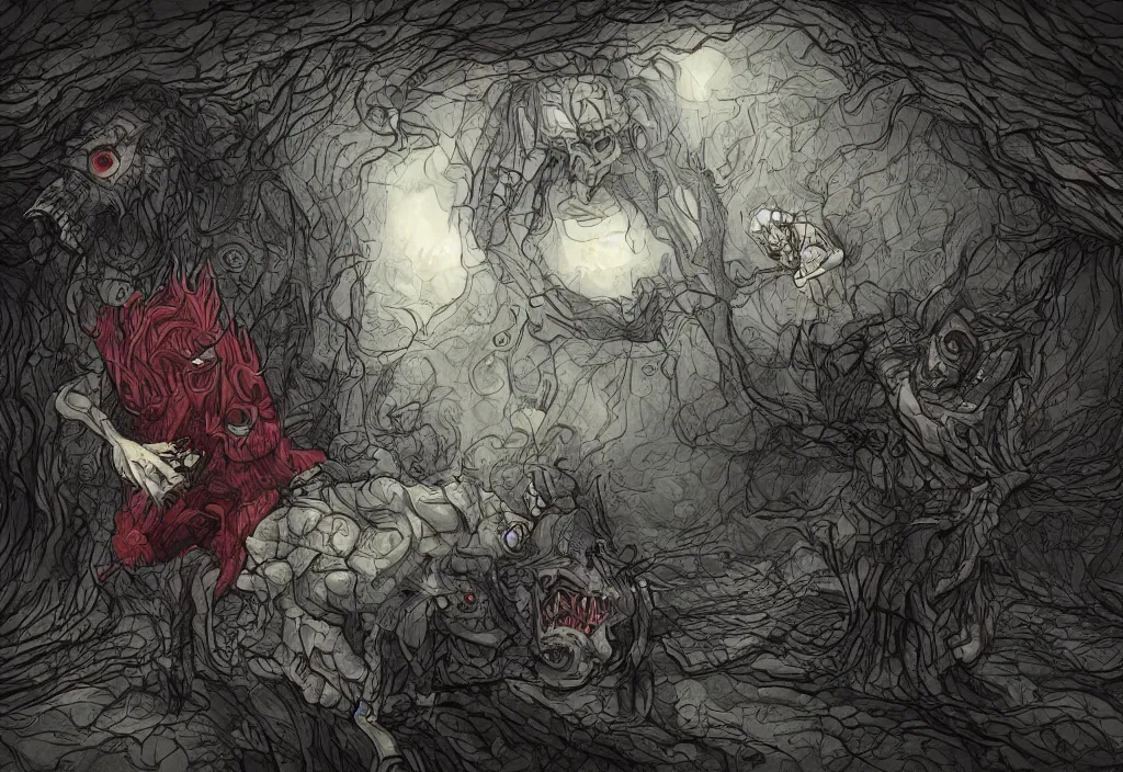 Image similar to cowering in fear from the limitless creativity monster, fantasy style, hd illustration