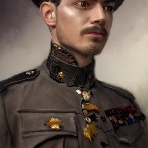 Image similar to portrait of stoic looking miniature schnauzer, military uniform, black fir, white eyebrows, fantasy, intricate, elegant, highly detailed, autumn color, rustic, centered, dark, smokey, charcoal painting, digital painting, artstation, concept art, smooth, sharp focus, illustration, art by artgerm and greg rutkowski and alphonse mucha