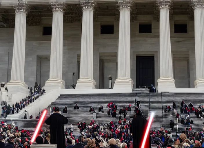 Image similar to death gives inaugural address on the steps of the capitol, 3 5 mm photography, highly detailed, cinematic lighting, standing pose, fully body shot, holding lightsaber 4 k