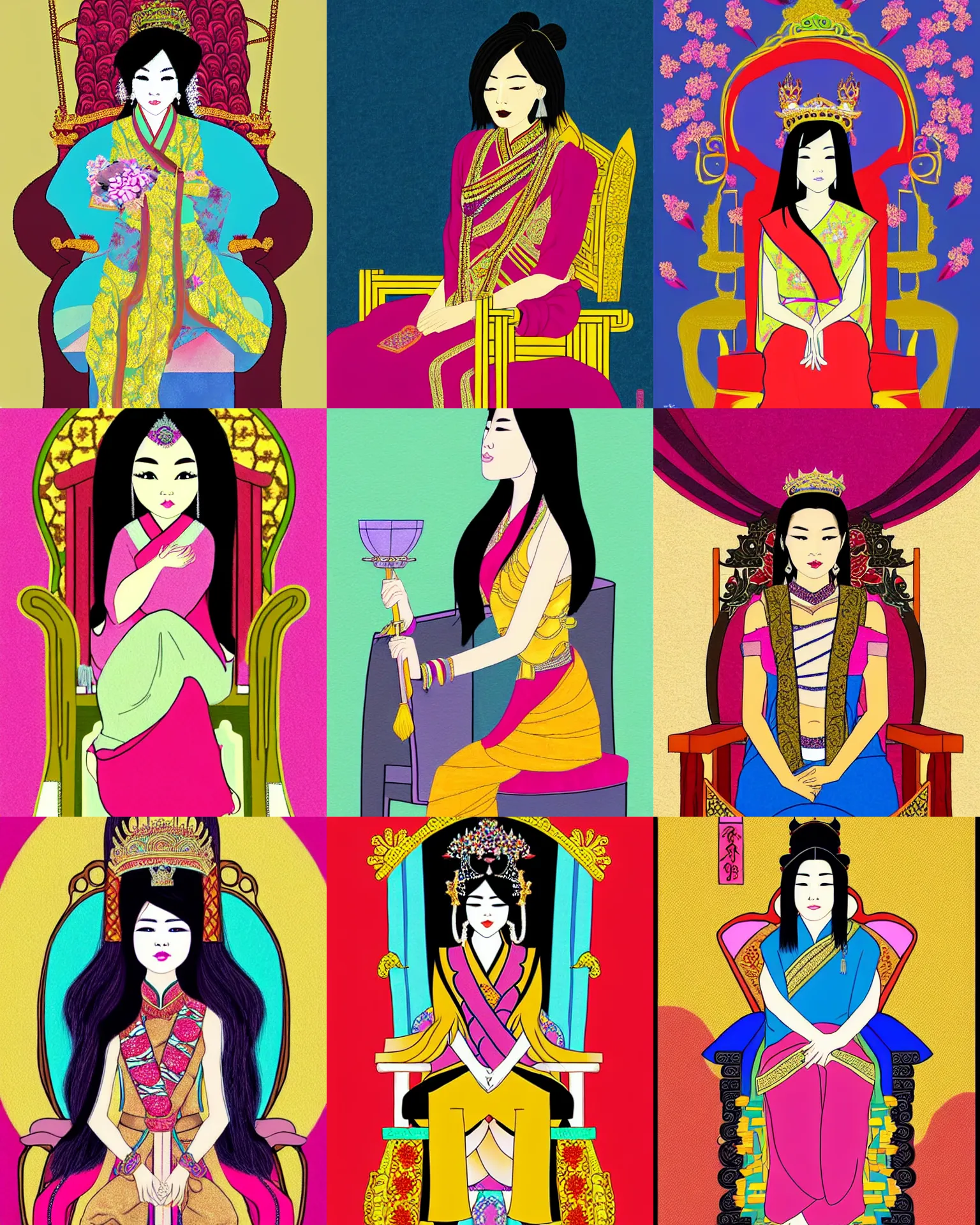 Prompt: beautiful asian queen with shoulder length hair, sitting on her throne, art by tara phillips