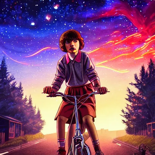 Image similar to eleven from stranger things, nighttime, outdoors, town background, intricate, highly detailed, digital painting, artstation, official media, anime key visual, concept art, ambient lighting, sharp focus, illustration, 1980's anime style, art by Artgerm, Makoto Shinkai, Ilya Kuvshinov, Lois Van Baarle, and Rossdraws