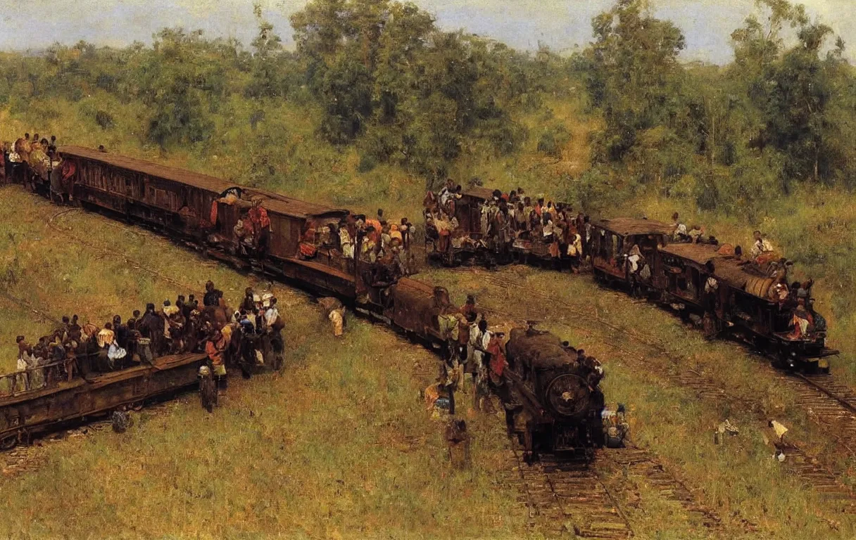 Image similar to a single railroad train travelling in rural nigeria, 1885, highly detailed oil on canvas, by Ilya Repin