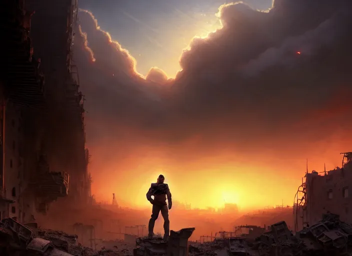 Image similar to highly detailed shot of a male explorers face in front of a rubble city, rule of thirds, perfect composition, cinematic view, epic sky, detailed, concept art, low angle, high detail, warm lighting, volumetric, godrays, vivid, beautiful, by jordan grimmer, huge scene, art greg rutkowski, award winning photography