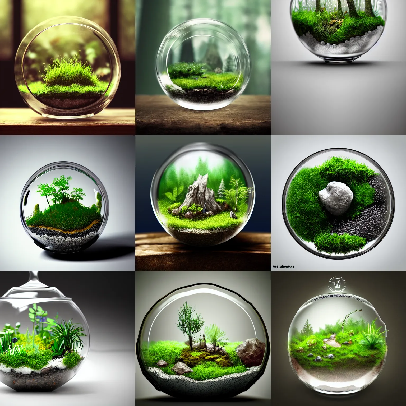 Prompt: fantasy terrarium in a glass bowl, display, white background, miniature forest, photorealistic, close up, digital painting, godrays, trending on artstation