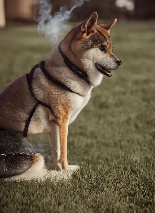 Image similar to Digital art of Shibu Inu smoking, 35mm, f/1.4, Golden Hour light, ,