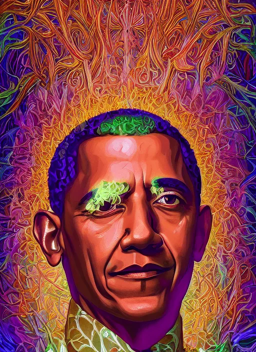 Prompt: beautiful oil painting, full length portrait of Barack Obama in coronation robes 1701, Dan Mumford, Dan Mumford, Alex grey, Alex grey, highly detailed , lsd visuals, dmt fractal patterns, hallucinogen, visionary art, psychedelic art, ornate, vaporwave, baroque