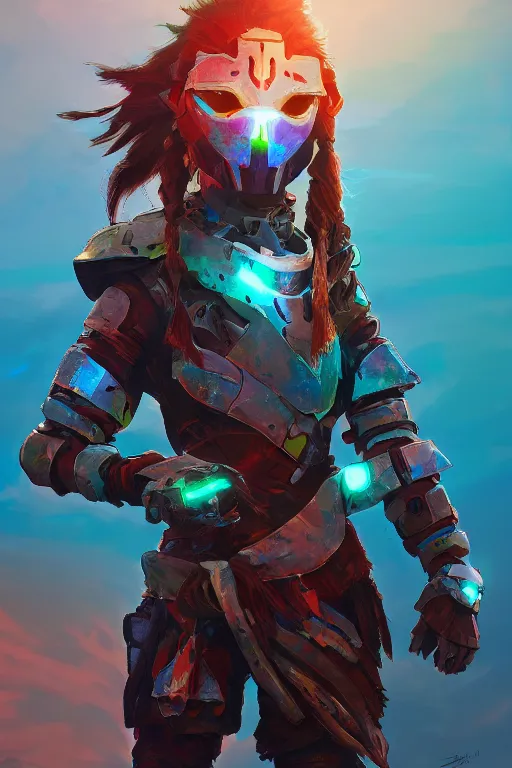 Image similar to combination suit armor aloy horizon forbidden west horizon zero dawn radiating a glowing aura global illumination ray tracing hdr fanart arstation by ian pesty and alena aenami artworks in 4 k tribal robot ninja mask helmet backpack