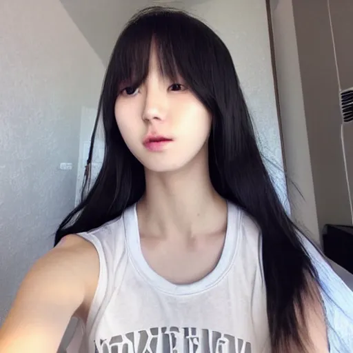 Image similar to cute beautiful korean university student, 2 0 2 2, wearing tank top, ulzzang, mirror selfie, pinterest, trending on instagram, unreal engine, aesthetic