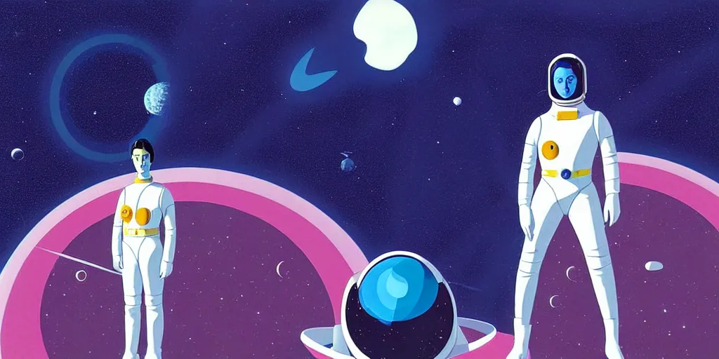 Image similar to a portrait of lonely single Alain Delon alone pilot in spacesuit posing in symmetrical spaceship station planet captain bridge outer worlds hyper contrast in FANTASTIC PLANET La planète sauvage animation by René Laloux