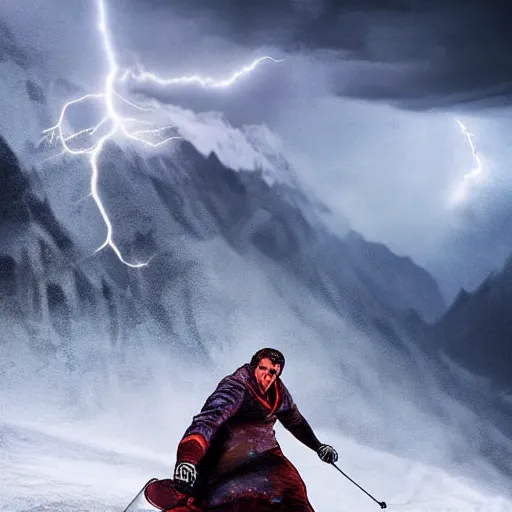 Image similar to dracula skiing down a mountain a night in a thunderstorm, digital art, highly detailed, epic composition, cinematic lightning