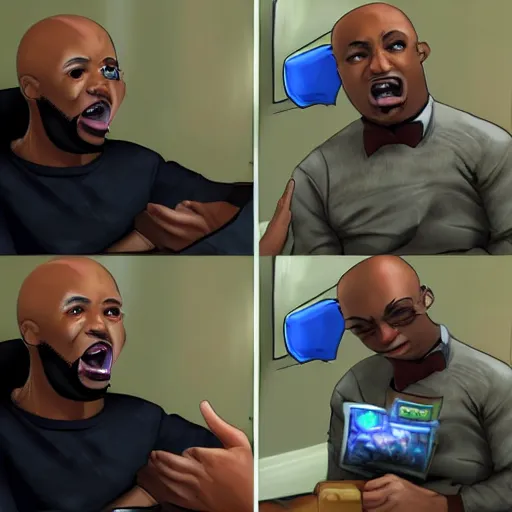 Image similar to a bald black man crying while playing league of legends