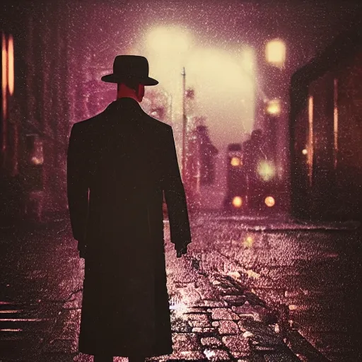 Prompt: noir detective with rain in the background bokeh by blizzard concept artists, lofi vaporwave aesthetic, art nouveau style, rendered in arnold, featured on artstation and cgsociety