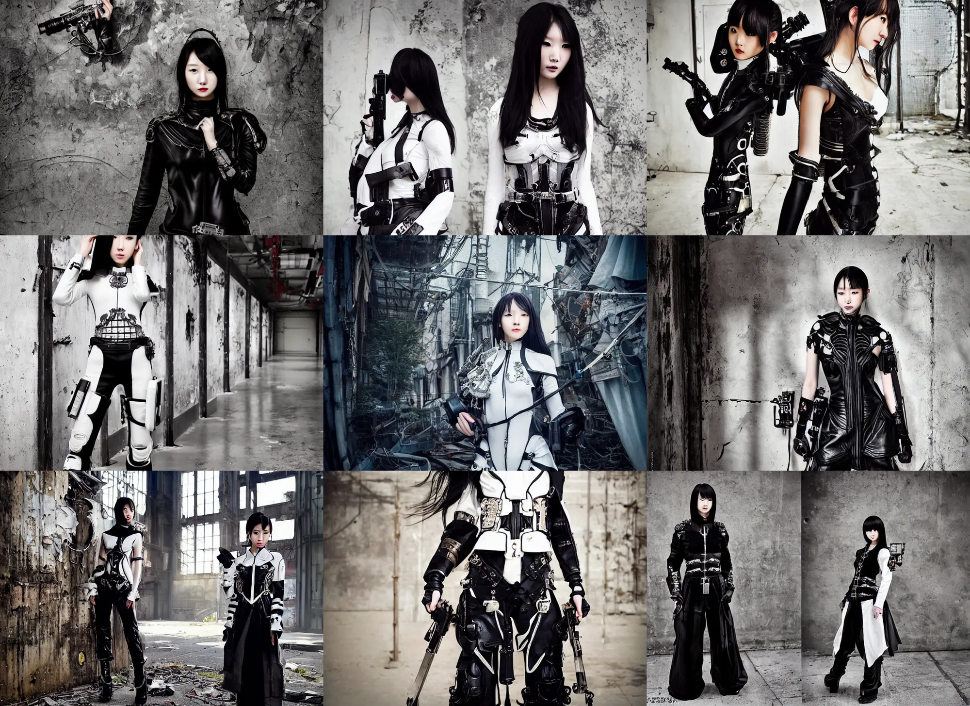 Prompt: beautiful ulzzang with white majestic ornate sci - fi tactical gear, black leather garment, full shot fashion photography, dark abandoned cyberpunk factory, by irving penn and storm thorgerson, ren heng, peter elson,