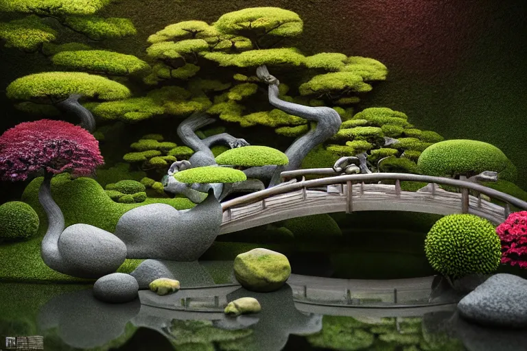 Image similar to beautiful sculptures in a serene japanese garden, part by michaelangelo, part by james jean, part by ross tran, part by jacek yerka, part by leslie zhang, surreal, highly detailed, beautiful detailed intricate insanely detailed octane render trending on artstation, 8 k artistic photography, photorealistic, volumetric cinematic light, chiaroscuro