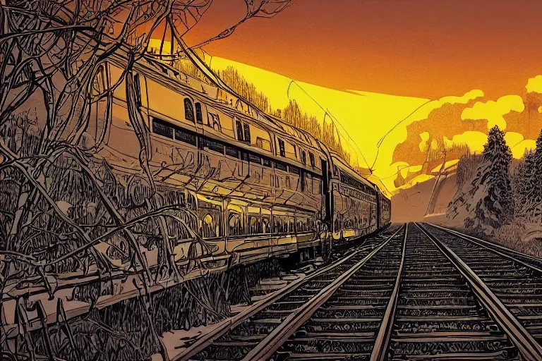 Image similar to trans - siberian express train ultrafine drawing by joe fenton and syd mead and p. craig russell and barry windsor - smith, artstation, 4 k, graphic novel, concept art, matte painting, beautiful russian winter landscape sunset background, golden hour, art nouveau, sharp