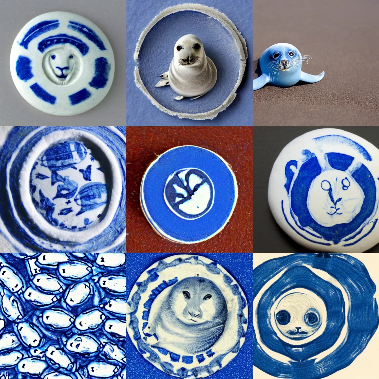 Prompt: blue and white seal of blue and white seals, found written on a blue seal