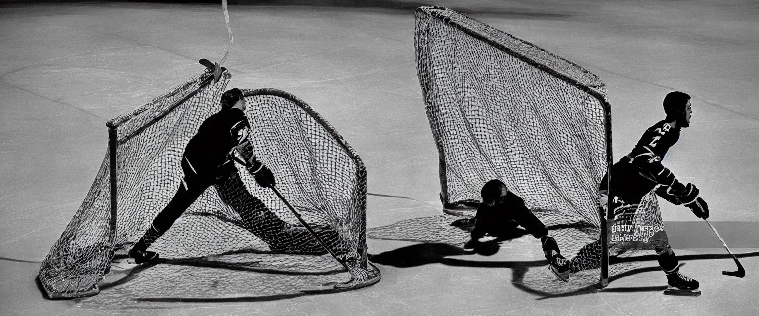 Prompt: detailed sharp photograph in the style of popular science circa 1 9 5 5 of a goalie at his net in a hockey game