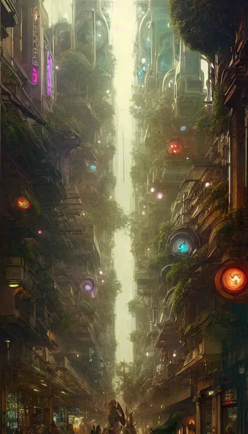 Image similar to hyper realistic cyberpunk city, busy crowded market street overtaken by lush plants, gnarly trees by tom bagshaw, mucha, gaston bussiere, craig mullins, j. c. leyendecker 8 k