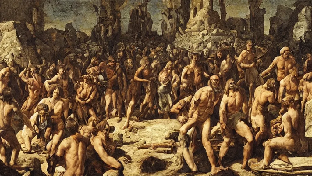 Image similar to neanderthal market, italian renaissance