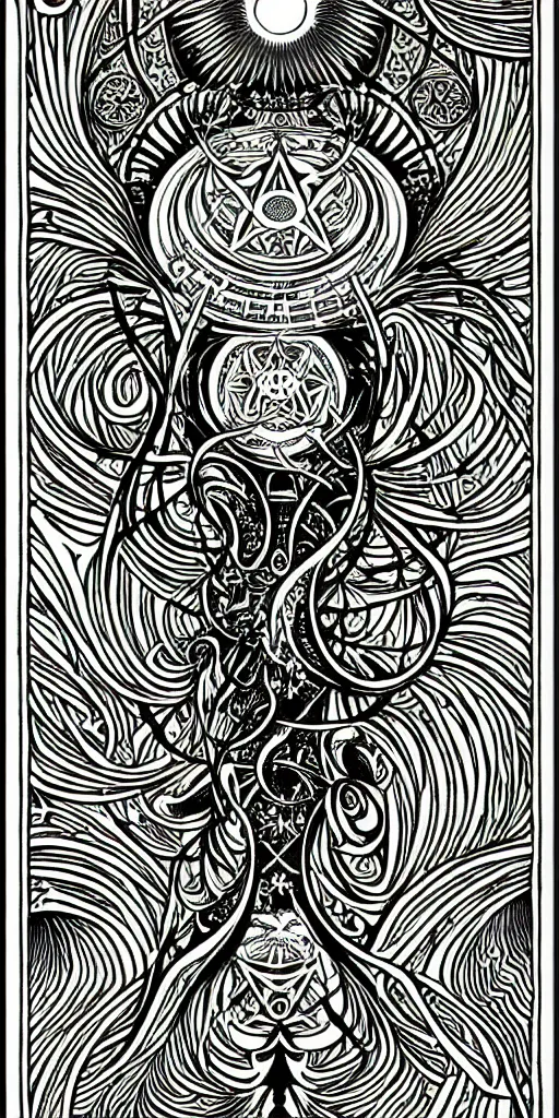 Image similar to a beautiful black and white fractal tarot card featuring bold occult imagery with clean lines. ocean fish cthulhu. detailed adult coloring book