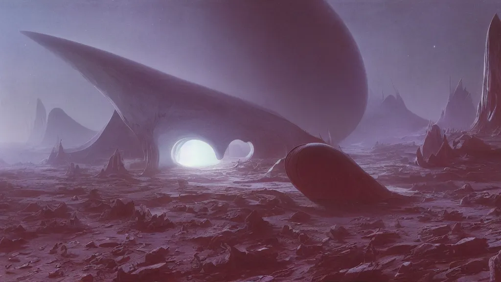 Image similar to otherworldly atmosphere of an alien planet by arthur haas and bruce pennington and john schoenherr, cinematic matte painting, zaha hadid building, 8 k realistic, dark moody colors