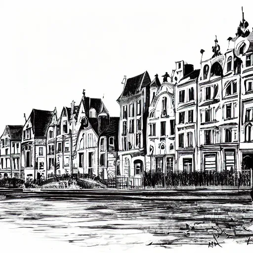 Prompt: an Ink drawing of Amiens, Northern France, waterfront houses, high contrast, black and white