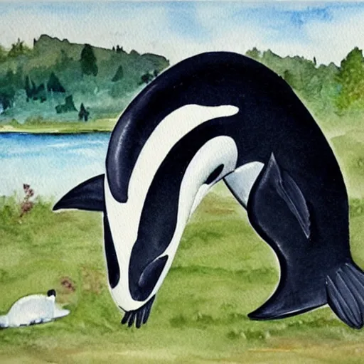 Image similar to an idyllic pastoral watercolor painting of an orca eating a seal