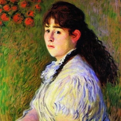 Image similar to 19th century portrait by Claude Monet!!!! of a young woman!!, looking at us!!, sunlight! oil painting-H 768