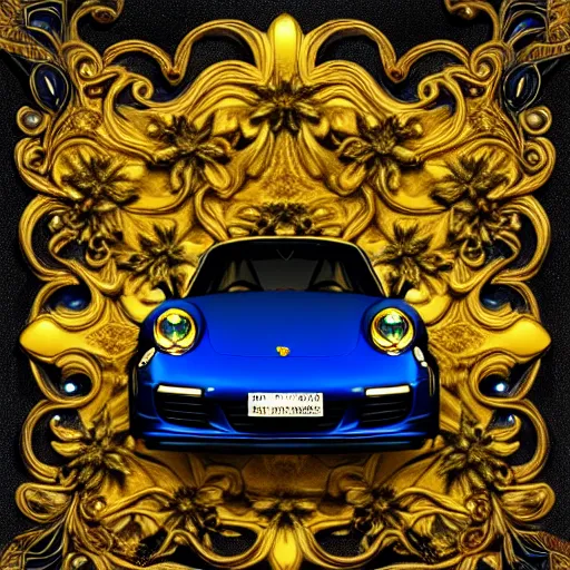 Image similar to black blue yellow porsche 9 1 1, complicated gold and blue flowers the baroque style decoration, dark fantasy, intricate, elegant, highly detailed, digital painting, artstation, concept art, matte, 3 d 8 k octane rendered, sharp focus, illustration, octane rendered, art by artgerm