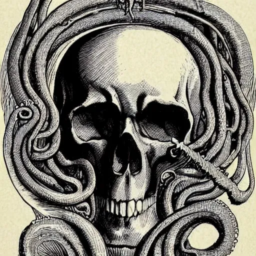 Image similar to skull of a pirate with tentacles protruding out at the bottom of the ocean old european map