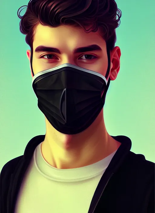 Image similar to handsome young man with black medical mask, half body shot, path traced, highly detailed, high quality, digital painting, alena aenami, lilia alvarado, shinji aramaki, karol bak, alphonse mucha, tom bagshaw