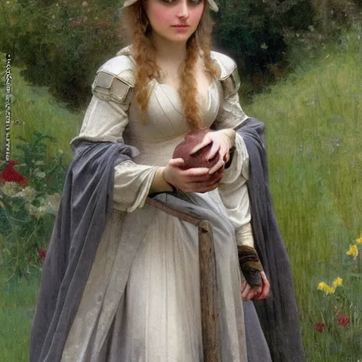 Image similar to annasophia robb in medieval armour, bowl haircut, mucha, bouguereau