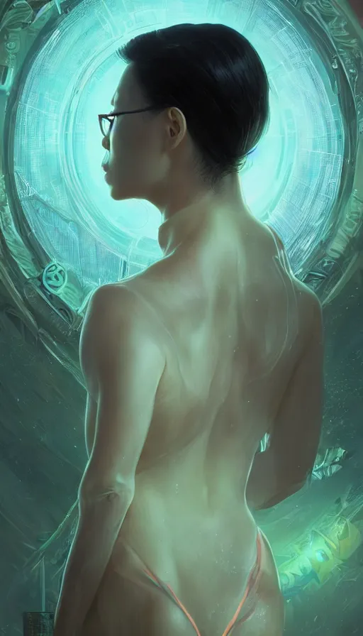 Image similar to olivia cheng, altered carbon, neon, dreamy vibe, fibonacci, sweat drops, insane intricate, highly detailed, cinematic, atmospheric. digital painting, artstation, concept art, smooth, sharp focus, illustration, unreal engine 5, 8 k, art by artgerm and greg rutkowski and alphonse mucha, laura sava, laura palmer