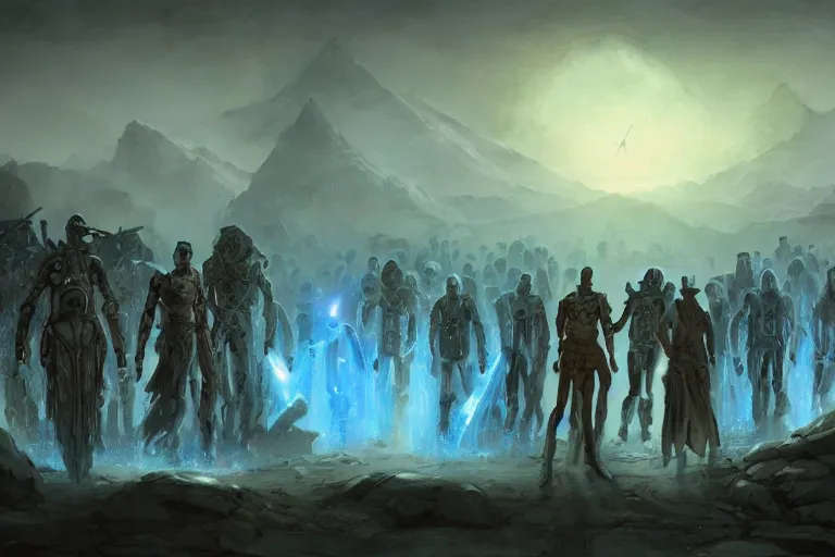 Image similar to ancient alien portral, a crowd of androids walking a path, pilgrimage, in mad max style, stargate, coriolios rpg art style, full of details, dark sci - fi, cold blue colors, matte painting, artstation, 8 k, hyperrealistic, style of peter mohrbacher