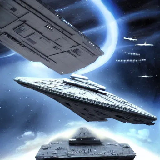 Image similar to star destroyer from star wars battling the uss enterprise from star trek, digital painting, digital art, trending on artstation