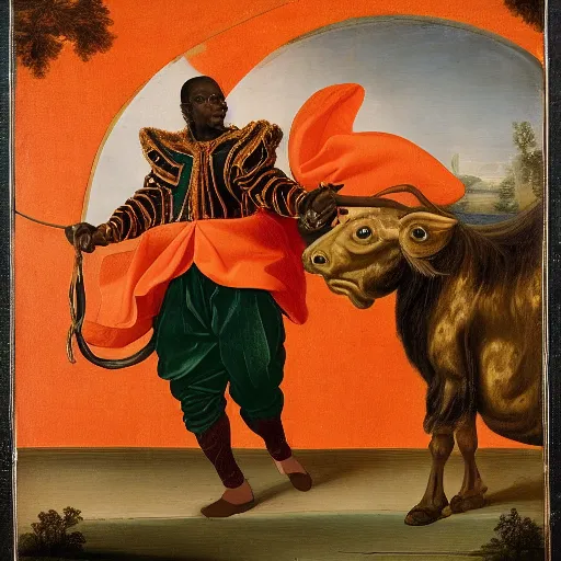 Image similar to photograph of a black man with afro hair wearing an army green adidas jacket riding an orange colored bull!!, renaissance style painting