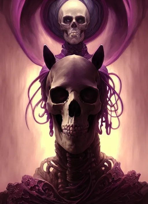 Image similar to portrait of skeleton necromancer and his horse horse, purple palette, cave landscape, fantasy magic, dark light night, intricate, elegant, sharp focus, illustration, highly detailed, digital painting, concept art, matte, art by wlop and artgerm and greg rutkowski and alphonse mucha, masterpiece