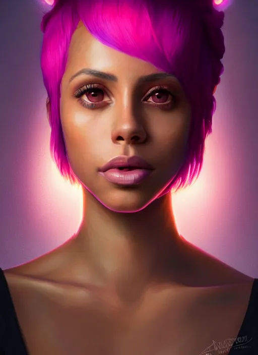 Image similar to portrait of vanessa morgan with bright pink hair, curly pixie cut hair, wearing a purple breton cap, breton cap, hoop earrings, intricate, elegant, glowing lights, highly detailed, digital painting, artstation, concept art, smooth, sharp focus, illustration, art by wlop, mars ravelo and greg rutkowski