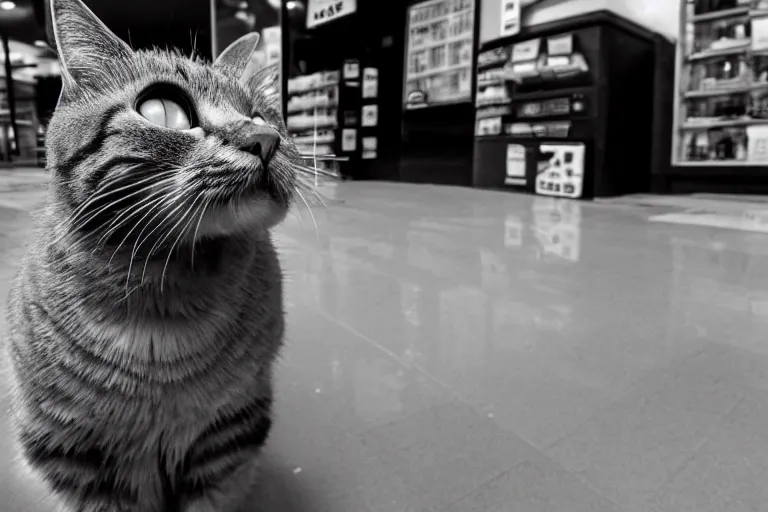 Image similar to cat smoking a cigarette in 7 - eleven wide angle lens