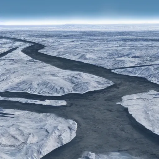 Prompt: aerial shot of permafrost rupturing in siberia, climate change, hyper realism, 8 k, hyper detailed