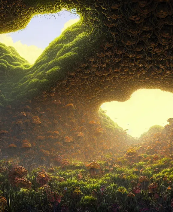 Image similar to an enormous hive bunker made out of exotic fungus, overgrown with huge fungus, cliff side, noon, sun drenched, partly cloudy, by dan mumford, yusuke murata, makoto shinkai, ross tran, cinematic, unreal engine, cel shaded, featured on artstation, pixiv