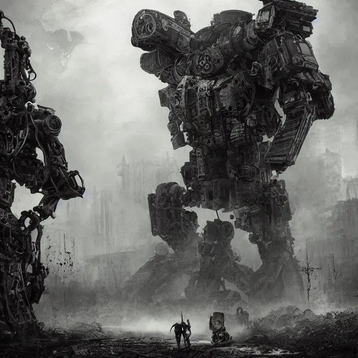 Image similar to gritty apocalyptic scene of human standing next to mech - warrior, hyper - detailed, sharp focus, 4 k ultra hd, fantasy dark art, apocalyptic art