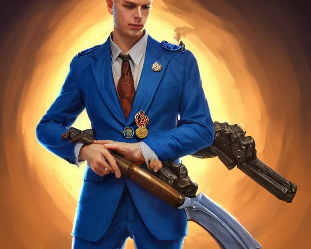 Prompt: photography of a blonde man in a blue suit with medals on it wielding a sword and pistol, deep focus, d & d, fantasy, intricate, elegant, highly detailed, digital painting, artstation, concept art, matte, sharp focus, illustration, hearthstone, art by artgerm and greg rutkowski and alphonse mucha