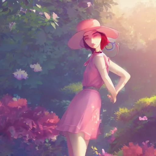 Image similar to a beautiful woman in southern belle fashion, garden landscape, 4k, anime key visual, lois van baarle, ilya kuvshinov, rossdraws, artstation