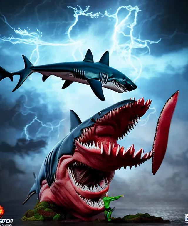 Image similar to hyperrealistic rendering, epic boss battle, epic shark king overlord, by art of skinner and richard corben, product photography, collectible action figure, sofubi, hottoys, storm clouds, outside, lightning