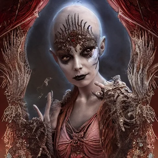 Image similar to a beautiful detailed 3d matte painting of female empress of the dead, by ellen jewett, tomasz alen kopera and Justin Gerard, symmetrical features, ominous, magical realism, texture, intricate, ornate, royally decorated, skull, skeleton, whirling smoke, embers, red adornements, red torn fabric, radiant colors, fantasy, trending on artstation, volumetric lighting, micro details, 3d sculpture, ray tracing, 8k