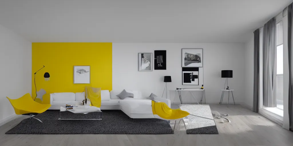 Prompt: photorealistic room, modern art, design minimal, white wall, yellow details, white wood and chrome furnitures, octane render, highly detailed, iper realistic, diffusion light, 15mm lens