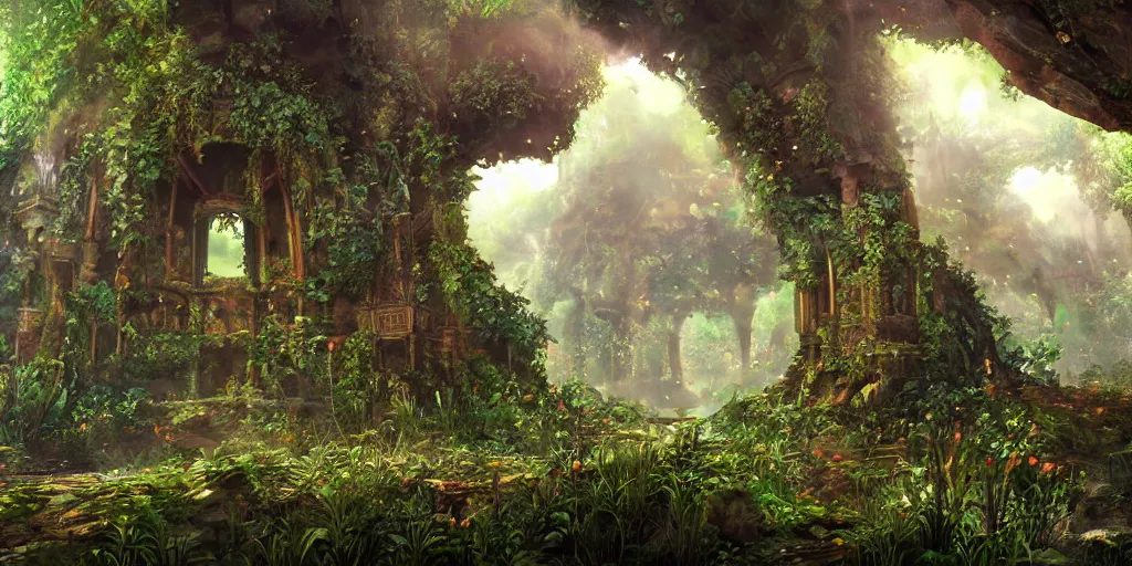 Prompt: ancient magical overgrown ruins, mysetrious etherial mesmerizing atmosphere, beautiful lighting, extremely intricate, hyper detailed, hd, legend of zelda, masterpiece