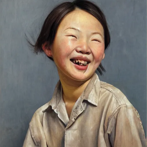 Image similar to high quality high detail painting by lucian freud, hd, smiling cute chineese girl portrait, photorealistic lighting