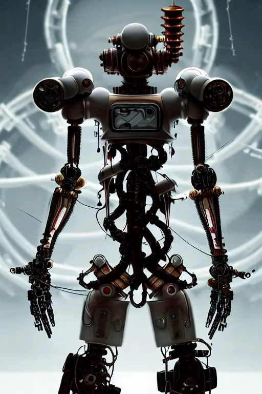 Image similar to a robot samurai with a steampunk rifle, perfect symmetrical body, full body shot, inflateble shapes, wires, tubes, veins, white biomechanical, wearing epic bionic cybor implants, masterpiece, intricate, biopunk vogue, highly detailed, artstation, concept art, cyberpunk, octane render